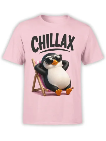 Pink T-shirt with a sunglasses-wearing penguin relaxing in a deck chair beneath “CHILLAX”