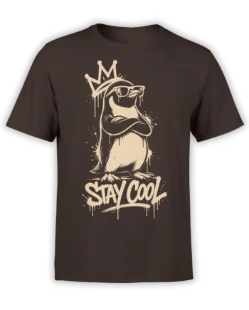 Brown T-shirt featuring a crowned bird in sunglasses with crossed wings and a bold cream STAY COOL design