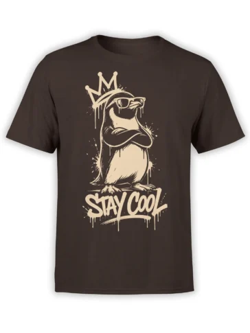 Brown T-shirt featuring a crowned bird in sunglasses with crossed wings and a bold cream STAY COOL design