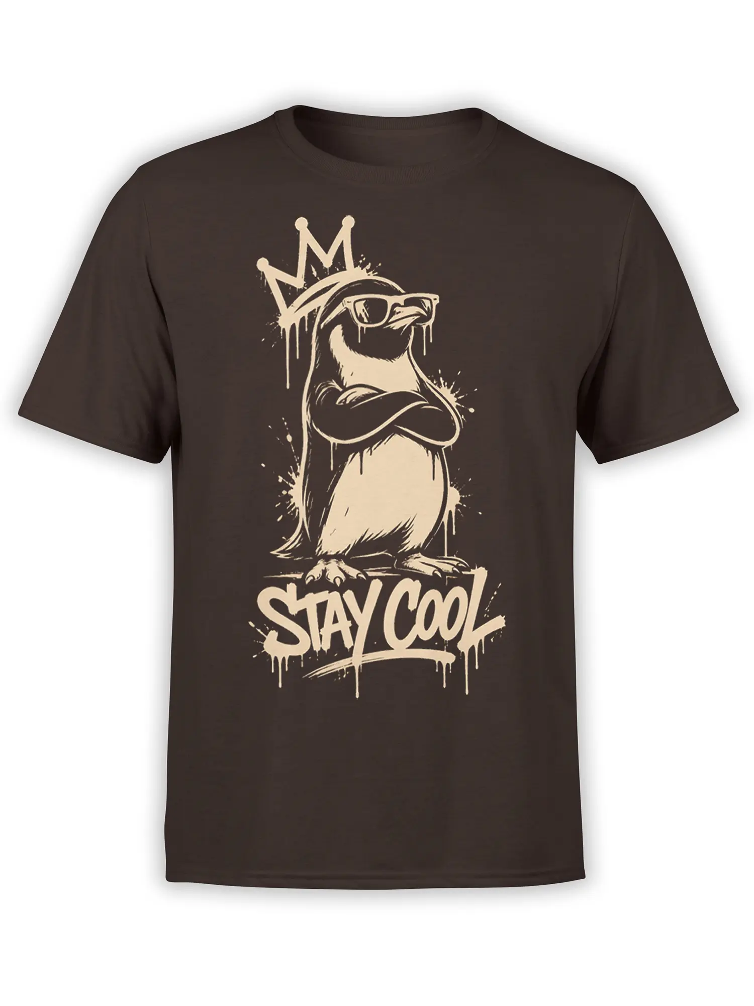 Brown T-shirt featuring a crowned bird in sunglasses with crossed wings and a bold cream STAY COOL design