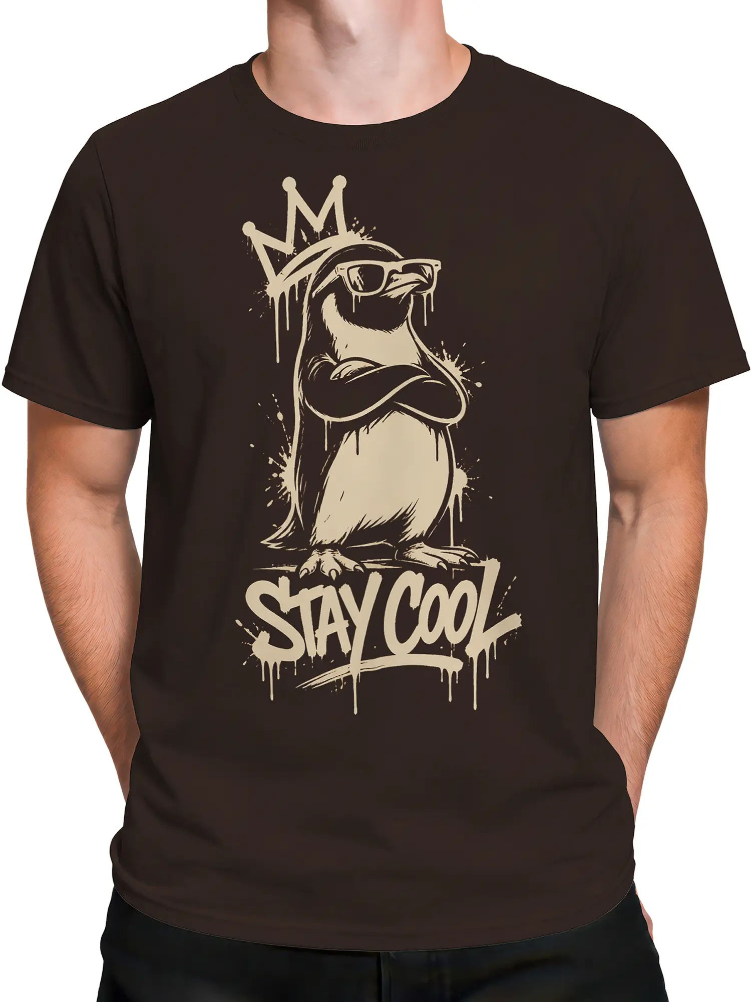 Male torso wearing a brown T-shirt with crowned sunglasses bird and STAY COOL artwork