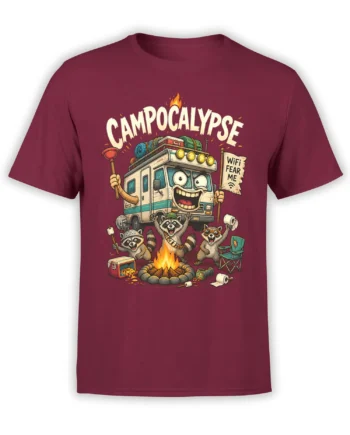 Funny raccoon CAMPocalypse design with RV and campfire on a burgundy T-shirt