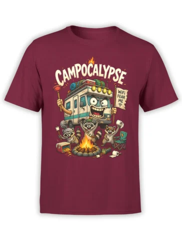 Funny raccoon CAMPocalypse design with RV and campfire on a burgundy T-shirt
