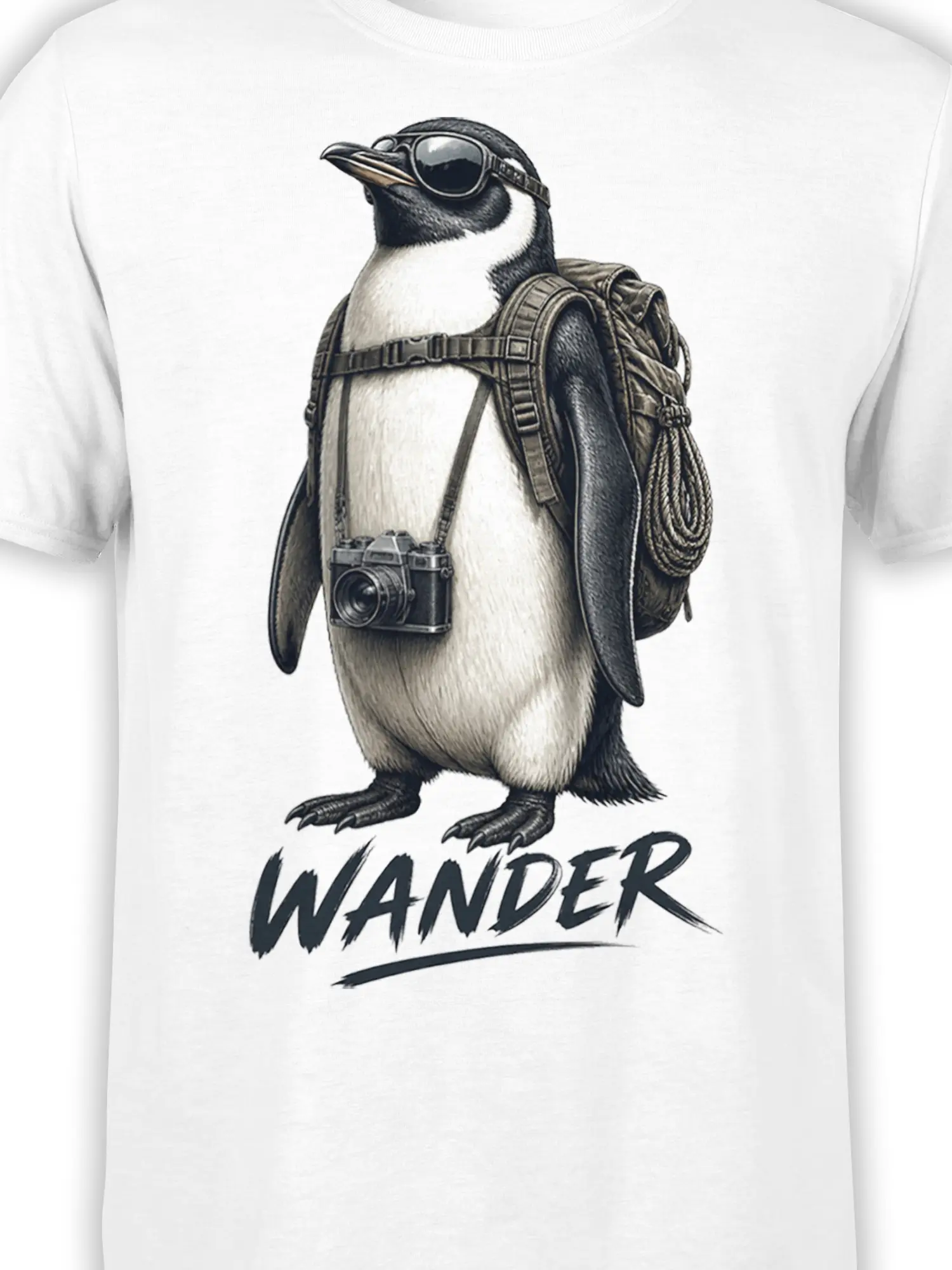 Close-up of penguin explorer artwork with sunglasses, camera, backpack, and WANDER text on a white T-shirt