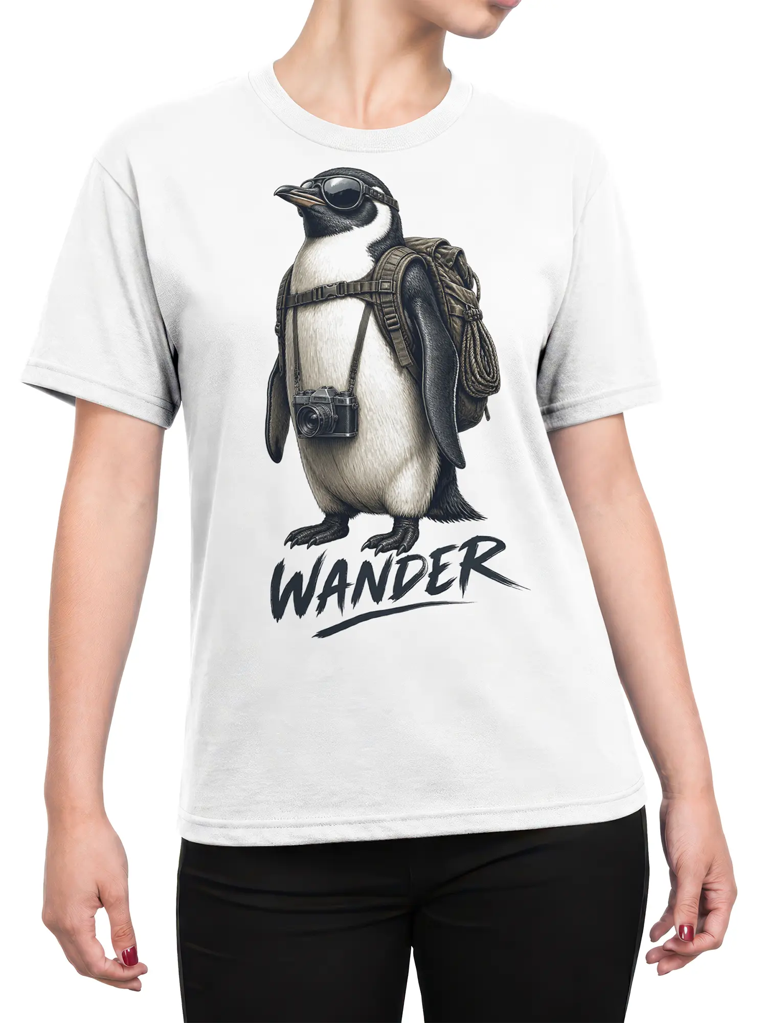 Female torso wearing a white penguin explorer T-shirt with camera, backpack, sunglasses, and WANDER design