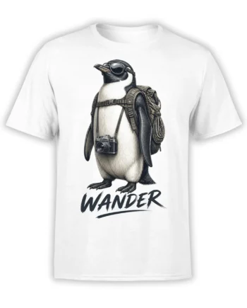 White T-shirt with an adventurous penguin wearing sunglasses, a camera, backpack, and bold WANDER lettering