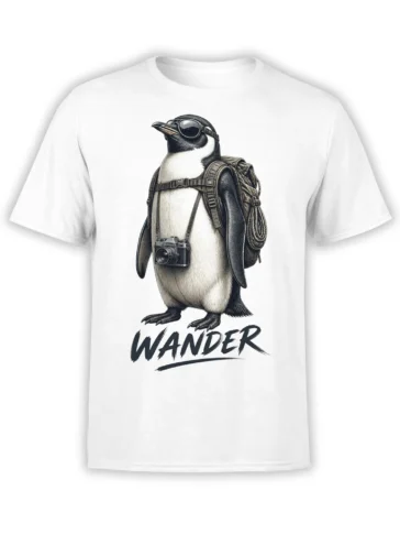 White T-shirt with an adventurous penguin wearing sunglasses, a camera, backpack, and bold WANDER lettering
