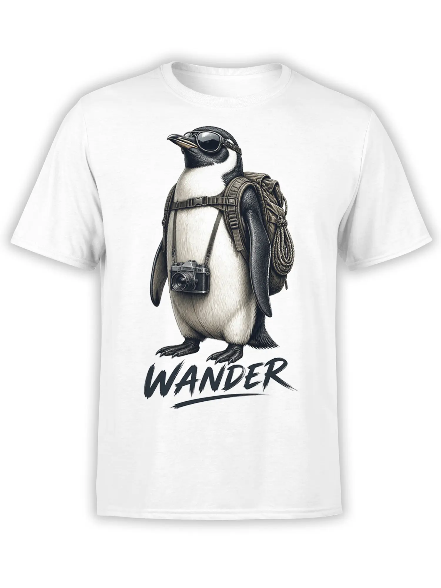 White T-shirt with an adventurous penguin wearing sunglasses, a camera, backpack, and bold WANDER lettering