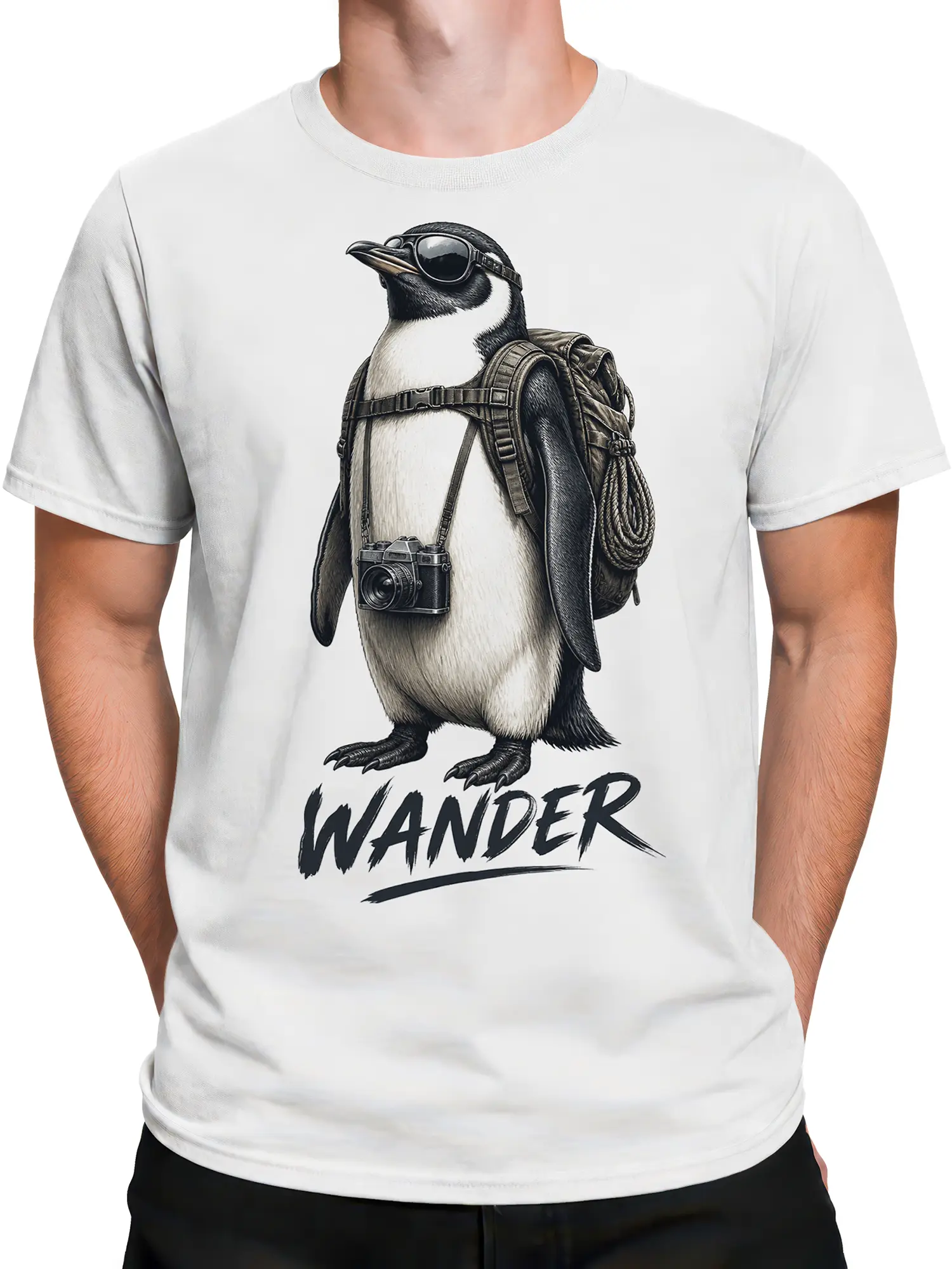 Male torso wearing a white penguin photographer T-shirt with backpack, camera, sunglasses, and WANDER artwork