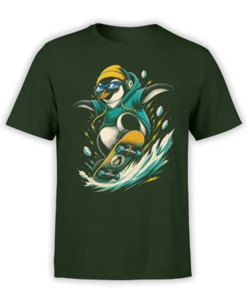 Green T-shirt with a skating penguin wearing sunglasses, headphones, a yellow beanie, and teal hoodie