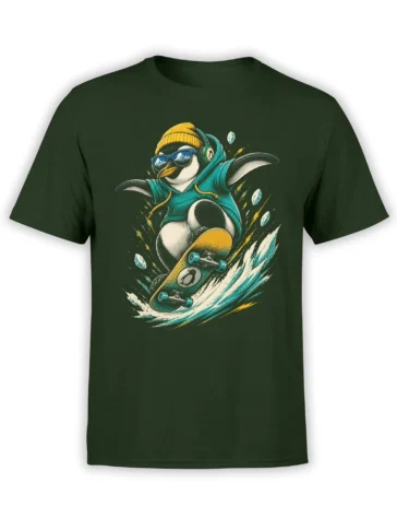 Green T-shirt with a skating penguin wearing sunglasses, headphones, a yellow beanie, and teal hoodie
