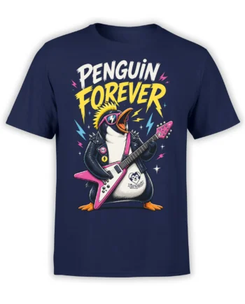 Rocker penguin with a yellow mohawk and pink guitar on a navy Penguin Forever T-shirt