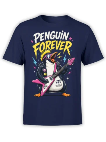 Rocker penguin with a yellow mohawk and pink guitar on a navy Penguin Forever T-shirt