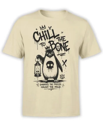 Beige T-shirt with a crowned gothic penguin, skull lantern, and distressed Chill to the Bone lettering