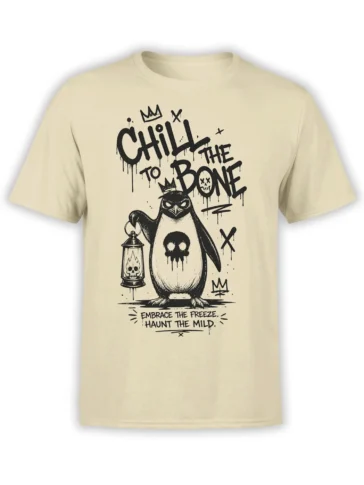 Beige T-shirt with a crowned gothic penguin, skull lantern, and distressed Chill to the Bone lettering