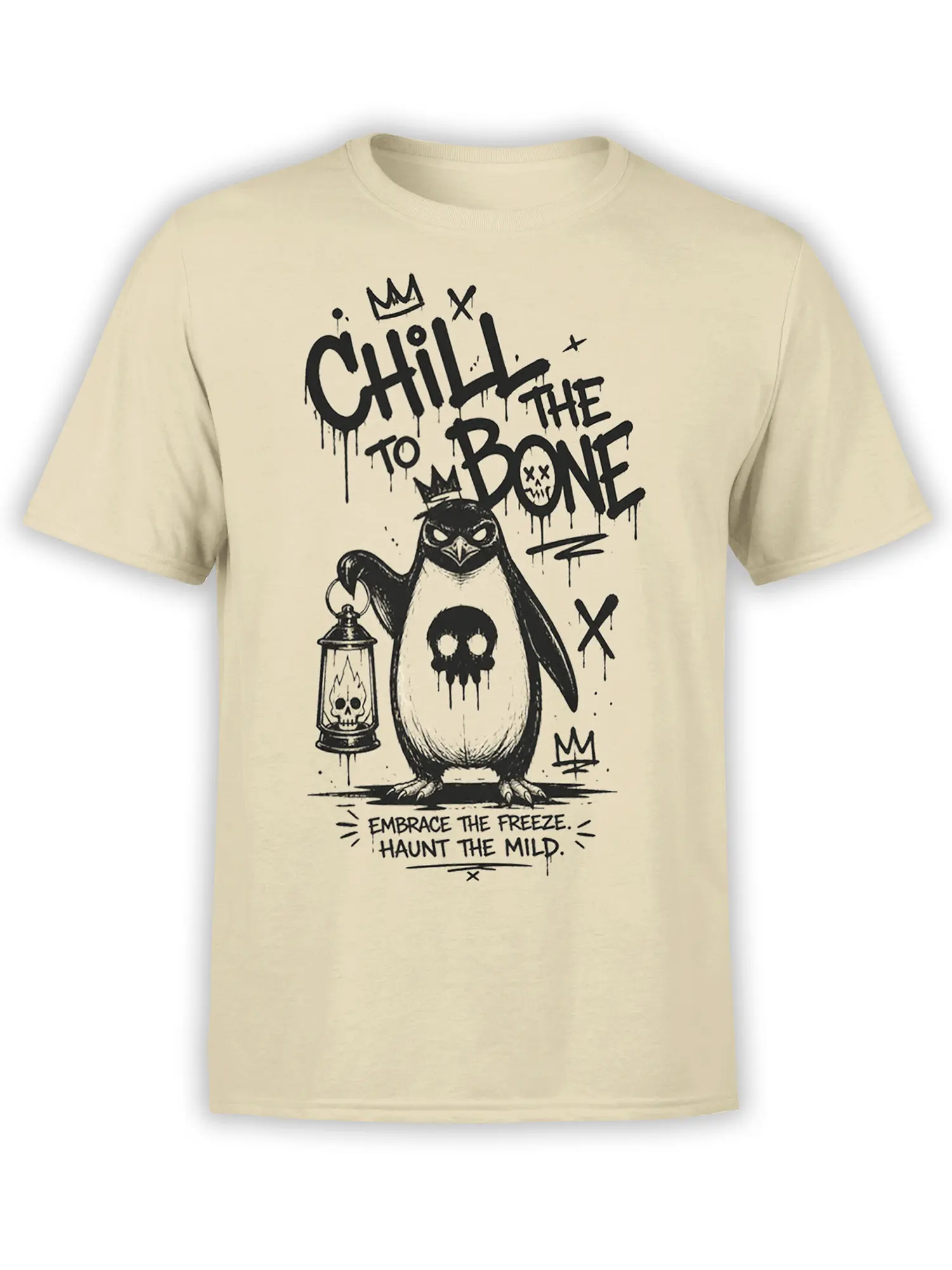 Beige T-shirt with a crowned gothic penguin, skull lantern, and distressed Chill to the Bone lettering