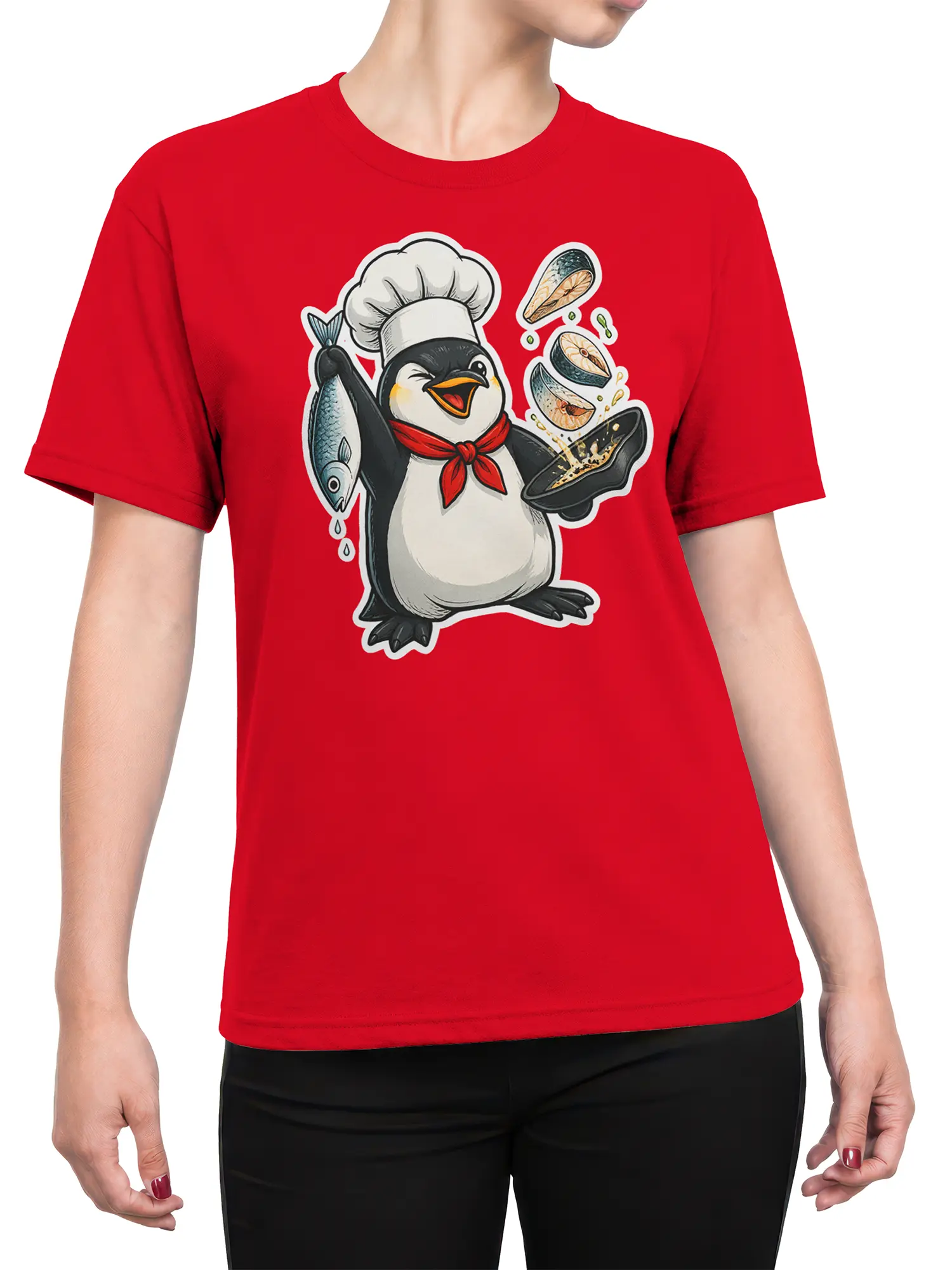 Female torso wearing a red T-shirt with a penguin chef, fish, and seafood pan design