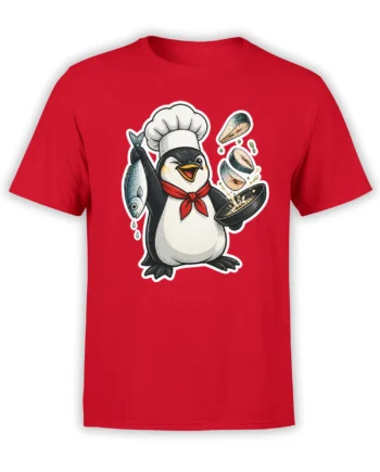 Funny penguin chef holding a fish and seafood pan on a bright red T-shirt