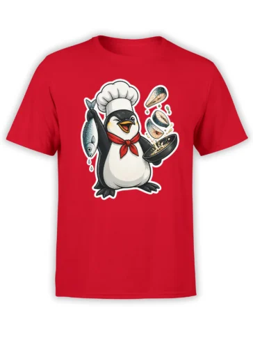 Funny penguin chef holding a fish and seafood pan on a bright red T-shirt