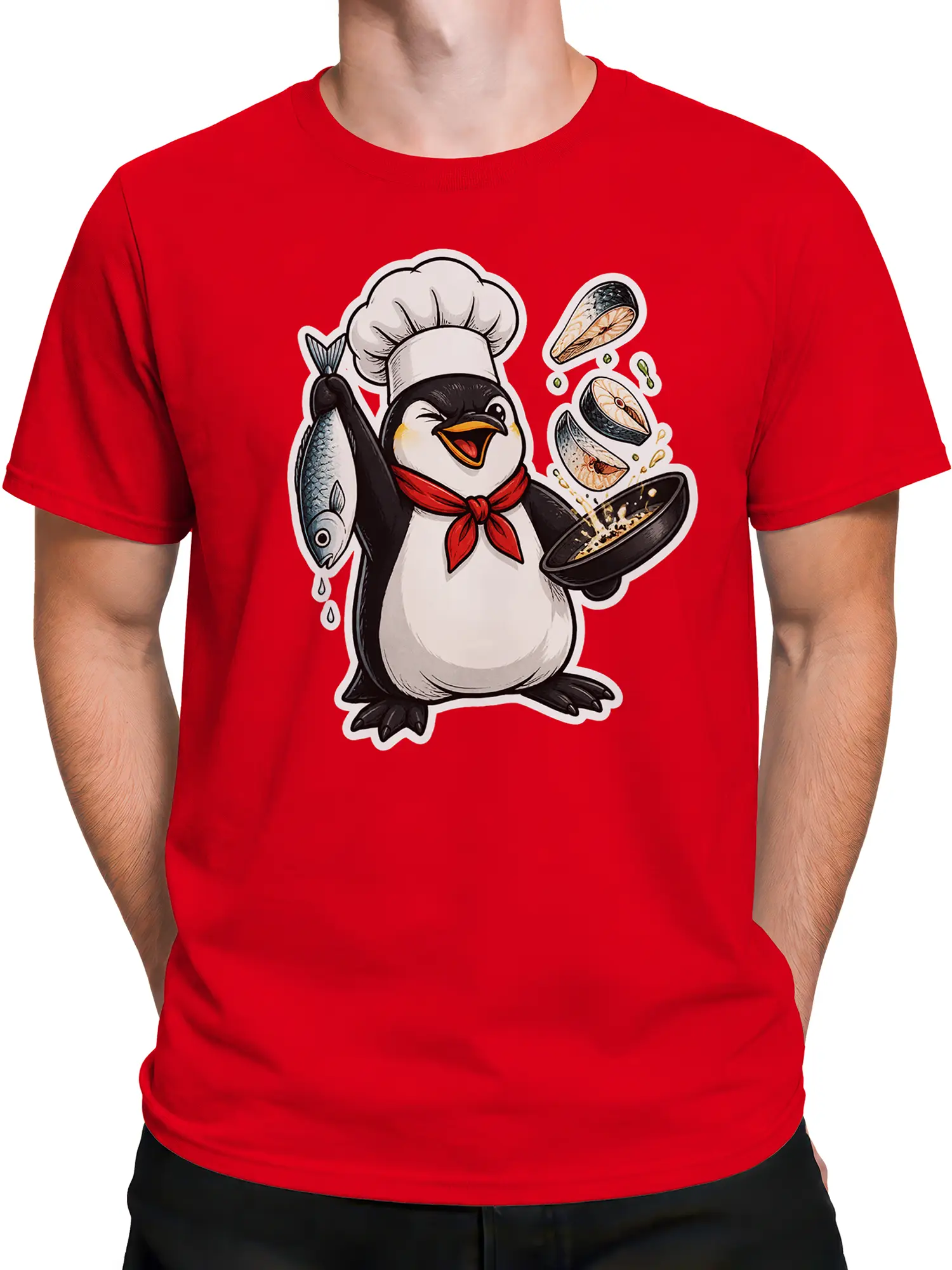 Male torso wearing a red T-shirt with a penguin chef and seafood cooking design