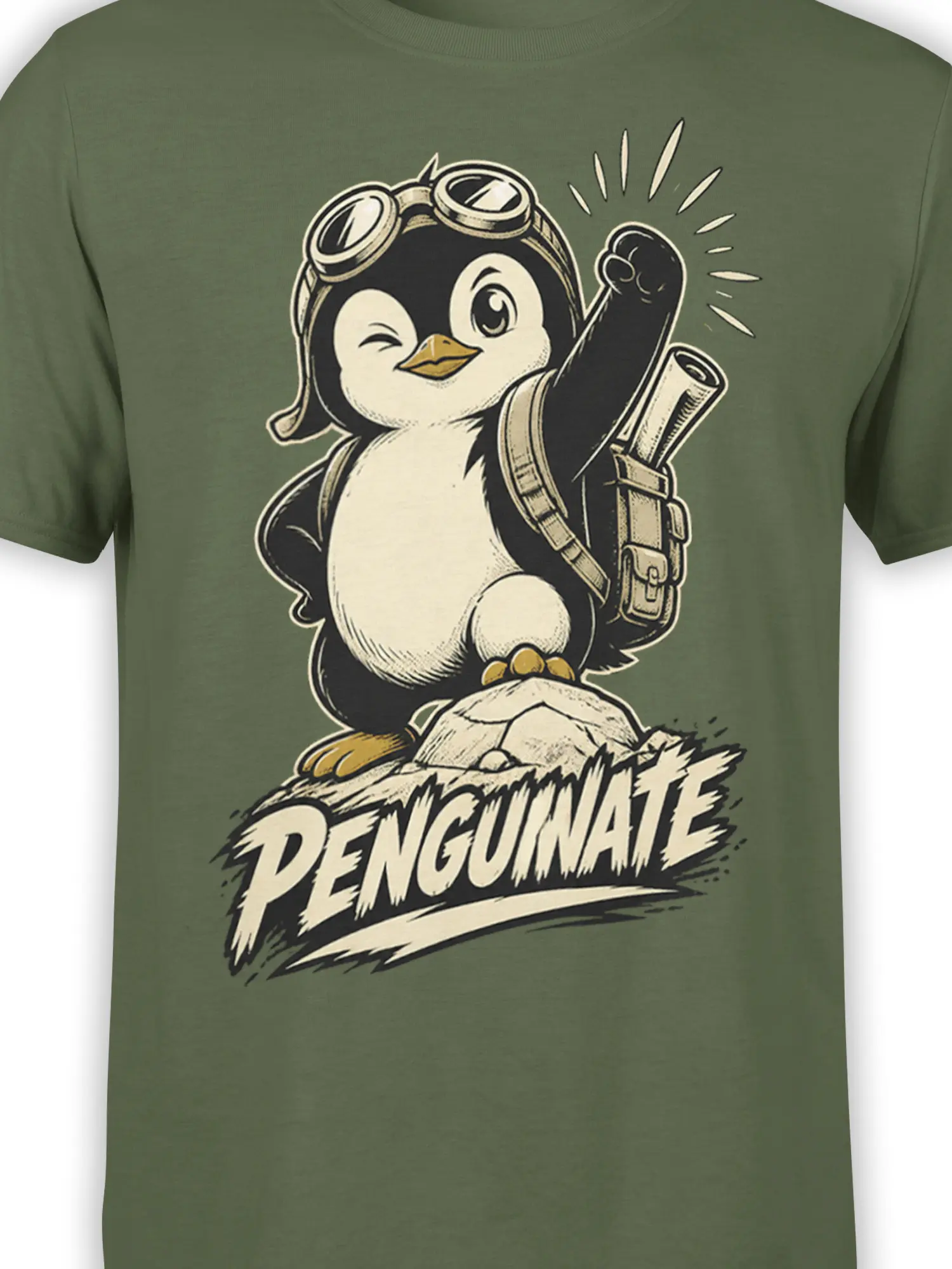 Close-up of winking penguin explorer artwork with goggles, backpack, and mountain details on green fabric