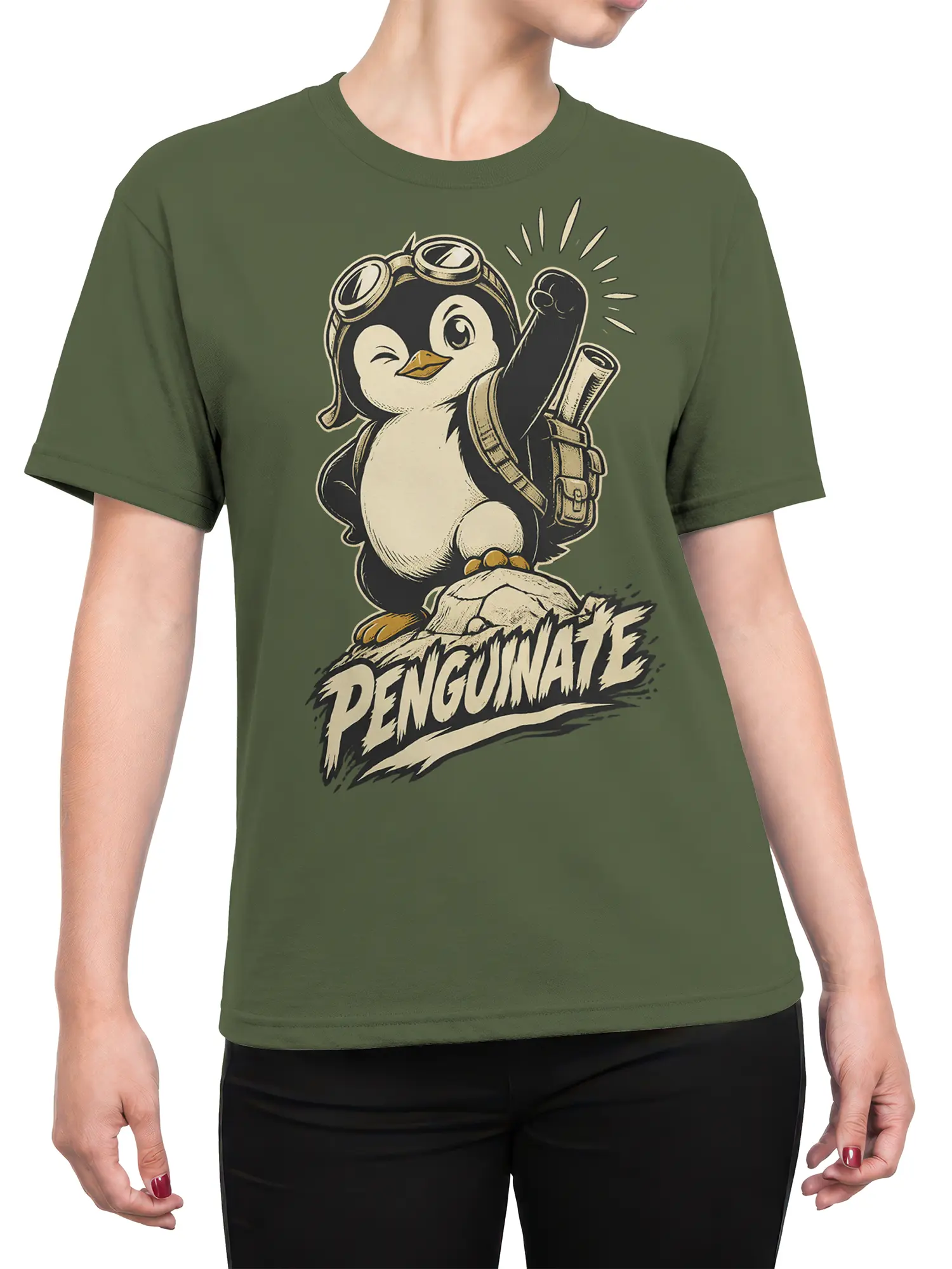 Female torso wearing a green T-shirt with a vintage penguin explorer and mountain graphic