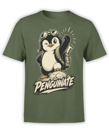Vintage penguin explorer graphic with flight goggles and backpack on a green T-shirt