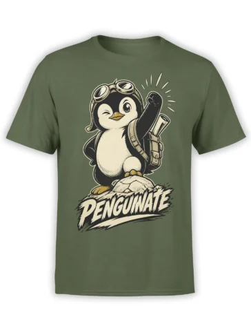 Vintage penguin explorer graphic with flight goggles and backpack on a green T-shirt