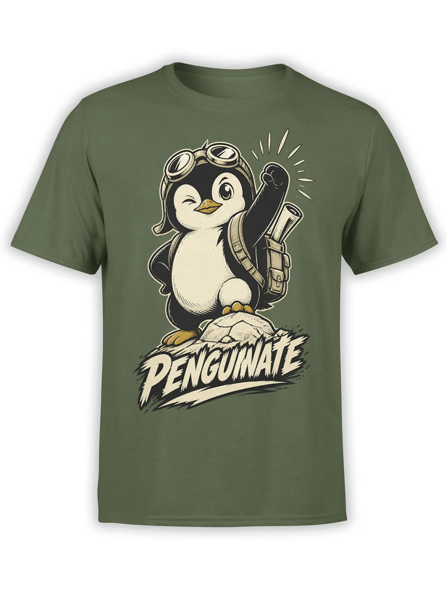 Vintage penguin explorer graphic with flight goggles and backpack on a green T-shirt