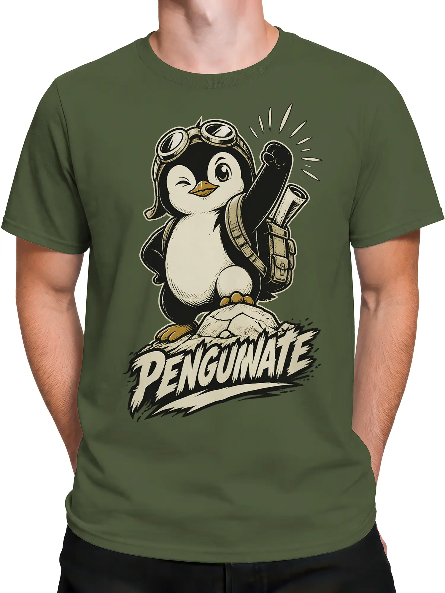 Male torso wearing a green T-shirt with a vintage penguin explorer and mountain graphic