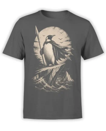 Gray penguin warrior T-shirt with spear and cape standing above moonlit ocean waves and rocky mountains