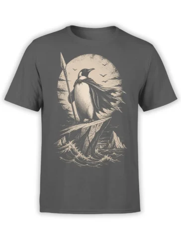 Gray penguin warrior T-shirt with spear and cape standing above moonlit ocean waves and rocky mountains