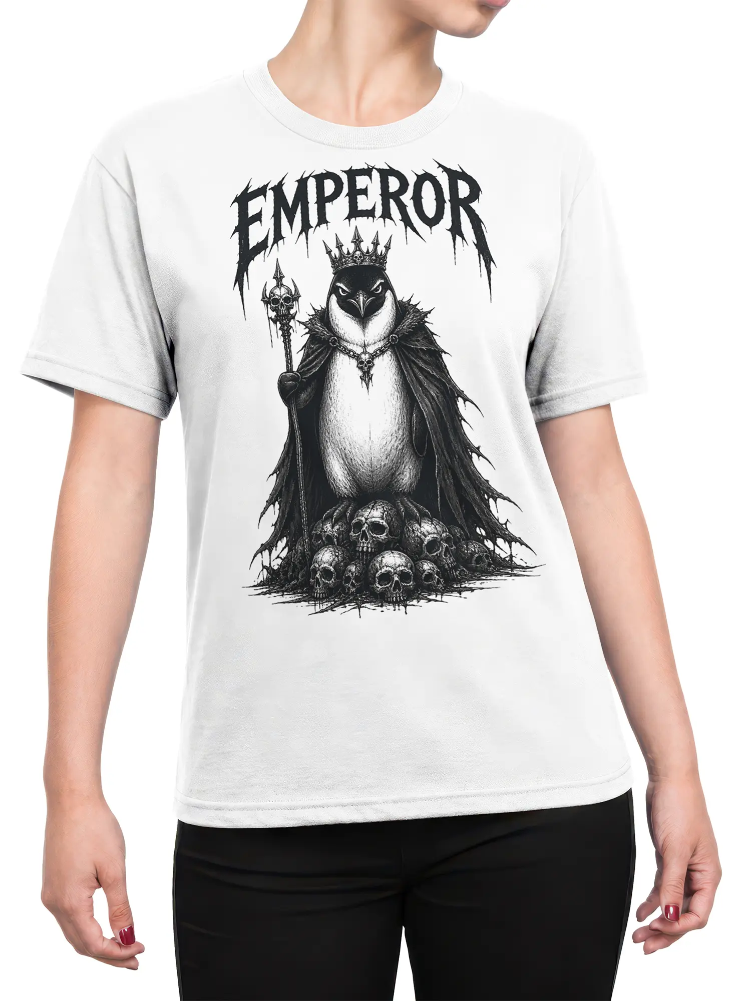 Female torso wearing a white T-shirt with crowned penguin, skull staff, cape, and EMPEROR artwork