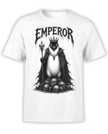 White T-shirt featuring a crowned penguin in a dark cape with a skull staff, bone pile, and EMPEROR lettering