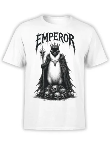 White T-shirt featuring a crowned penguin in a dark cape with a skull staff, bone pile, and EMPEROR lettering