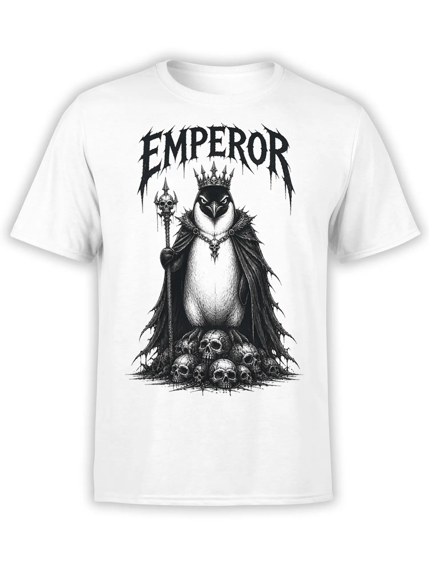 White T-shirt featuring a crowned penguin in a dark cape with a skull staff, bone pile, and EMPEROR lettering