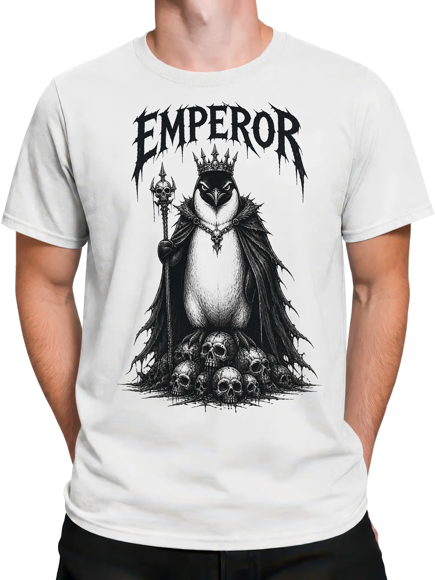 Male torso wearing a white T-shirt with gothic crowned penguin and skull artwork