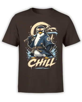 Brown T-shirt with a determined ninja penguin holding swords above bold cream CHILL lettering