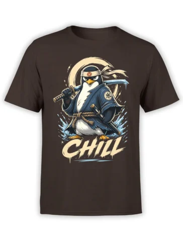 Brown T-shirt with a determined ninja penguin holding swords above bold cream CHILL lettering