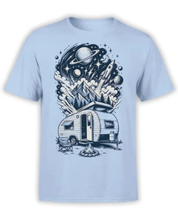 Light blue T-shirt with a vintage cosmic camper design, mountains, campfire, rocket, planets, and stars
