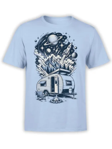 Light blue T-shirt with a vintage cosmic camper design, mountains, campfire, rocket, planets, and stars