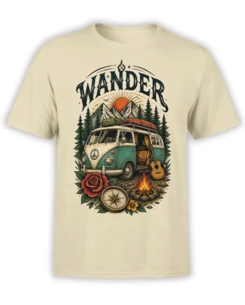 Vintage wander camper van T-shirt with mountains, pine trees, guitar, campfire, compass, and rose on beige