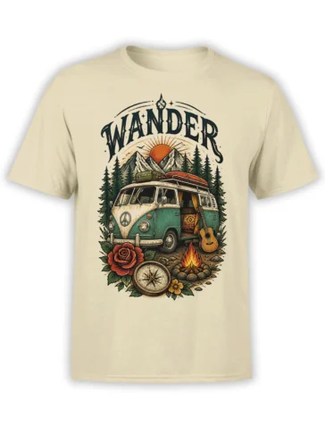 Vintage wander camper van T-shirt with mountains, pine trees, guitar, campfire, compass, and rose on beige