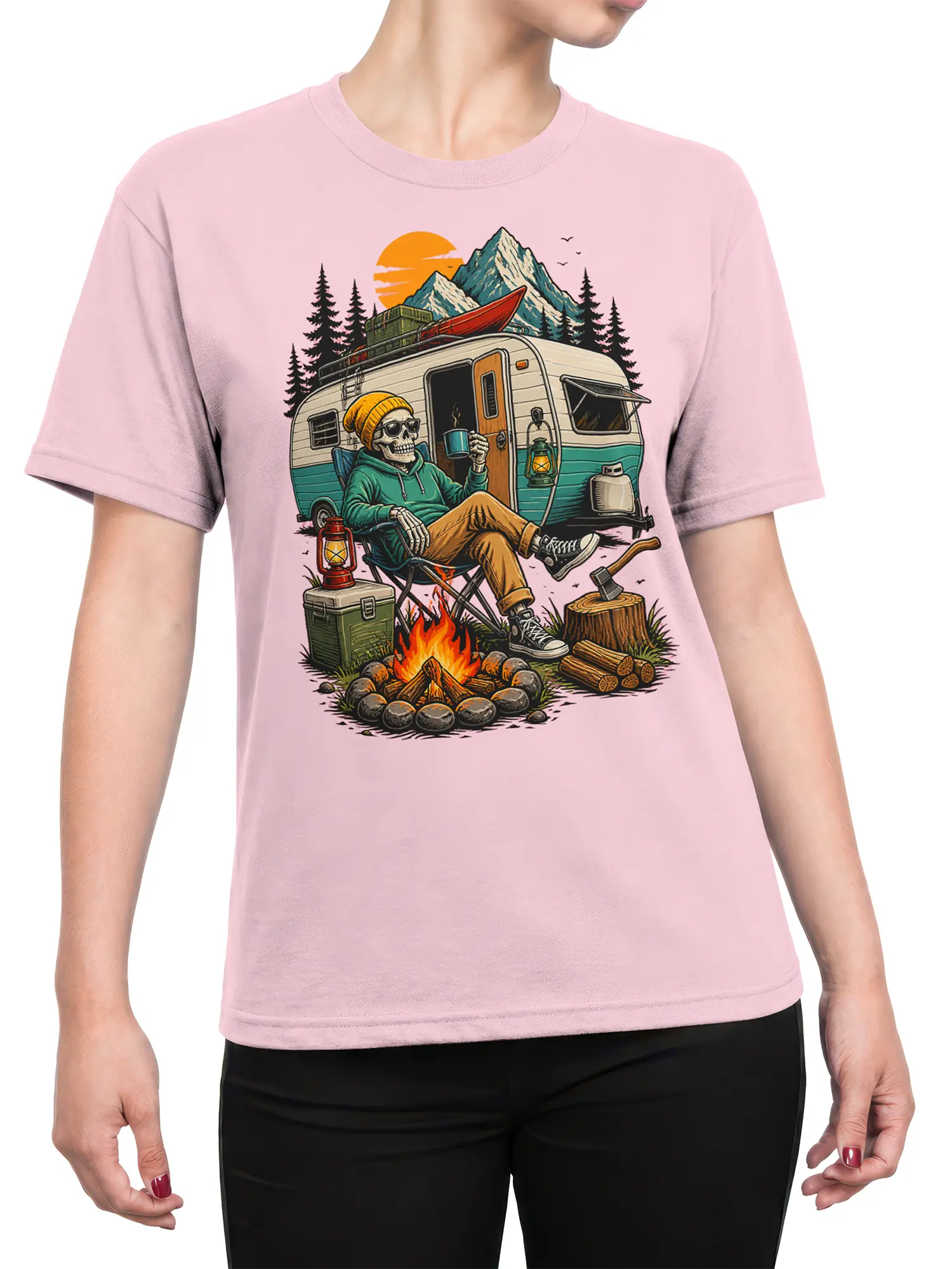 Female torso wearing a pink skeleton camper T-shirt with a campfire, trailer, canoe, and mountain graphic