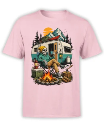 Pink T-shirt with a relaxed skeleton camper, campfire, trailer, canoe, pine trees, and mountain scene