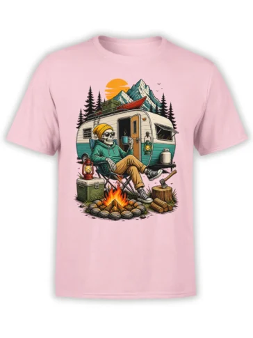 Pink T-shirt with a relaxed skeleton camper, campfire, trailer, canoe, pine trees, and mountain scene