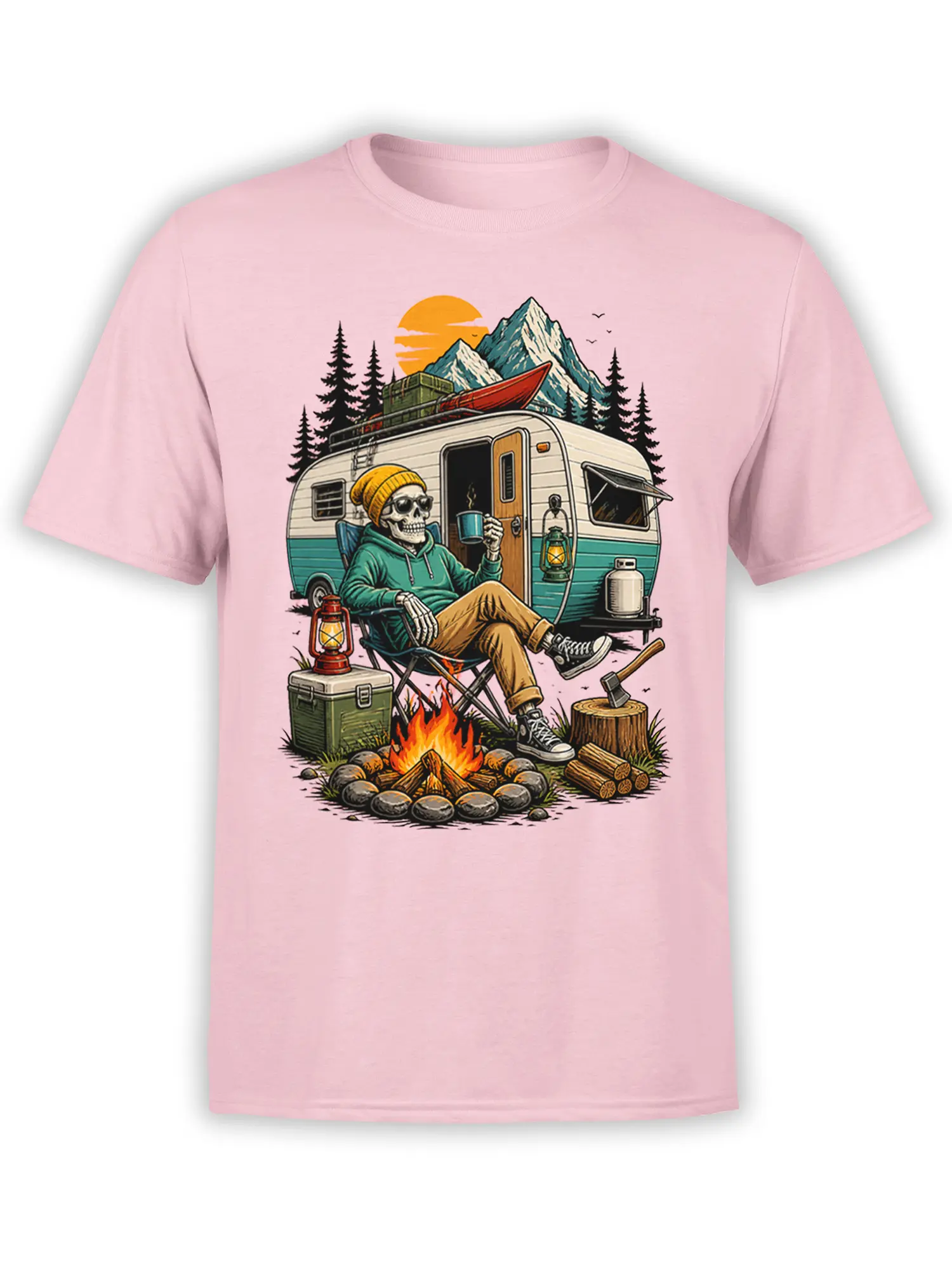 Pink T-shirt with a relaxed skeleton camper, campfire, trailer, canoe, pine trees, and mountain scene