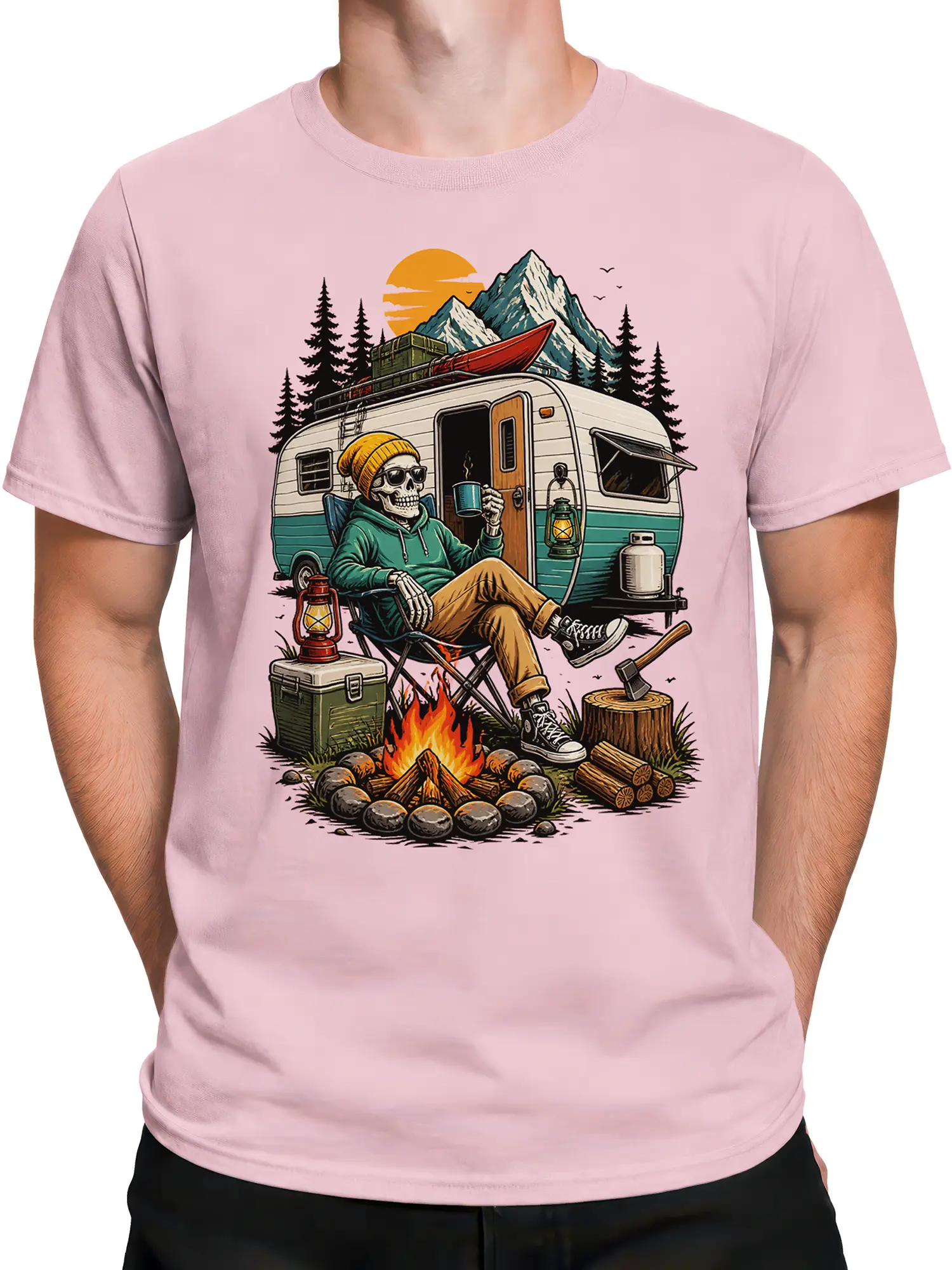 Male torso wearing a pink skeleton camper T-shirt with a vintage outdoor campfire scene