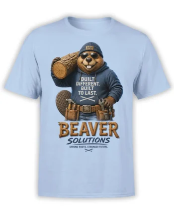 Light blue beaver builder T-shirt with sunglasses, a log, tools, and strong roots lettering