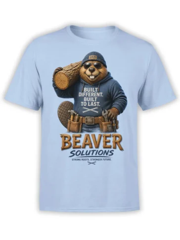 Light blue beaver builder T-shirt with sunglasses, a log, tools, and strong roots lettering